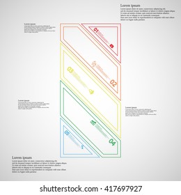 Illustration infographic template. Bar rectangle motif. Divided cut to five color parts. Each part from double outline contour. Parts with sample text, sign and number. Light gradient background.