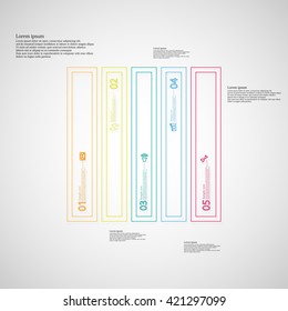 Illustration infographic template. Bar rectangle motif. Divided cut to five color parts. Each part from double outline contour. Parts with sample text, sign and number. Light gradient background.