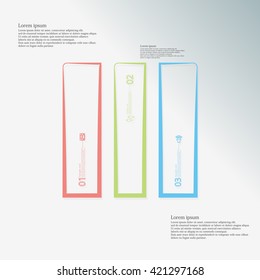 Illustration infographic template. Bar rectangle motif. Divided cut to three color parts. Each part from outline contour. Parts with sample text, sign and number. Blue gradient background.