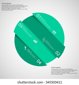 Illustration infographic template with circle askew divided to four green parts which are shifted to each other. Each part on light background consists own number, simple sign and space for text.