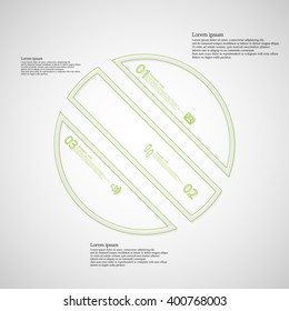 Illustration infographic template with circle askew divided to three parts created by double outlines from green color. Each part has own number, sign and text. Background is light.