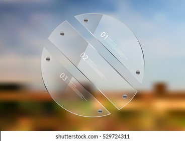 Illustration infographic template. Circle created by three transparent glass sheets with reflection. Rounded motif placed on blurred photo of natural scene - field with cloudy sky.