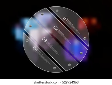 Illustration infographic template. Circle created by four transparent glass sheets with reflection. Rounded motif placed on blurred photo of several color dices on black background.
