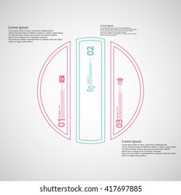 Illustration infographic template. Circle round motif. Divided cut to three color parts. Each part from double outline contour. Parts with sample text, sign and number. Light gradient background.