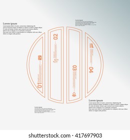 Illustration infographic template. Circle round motif. Divided cut to four orange parts. Each part from double outline contour. Parts with sample text, sign and number. Blue gradient background.