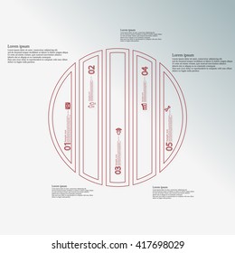 Illustration infographic template. Circle round motif. Divided cut to five red parts. Each part from double outline contour. Parts with sample text, sign and number. Blue gradient background.