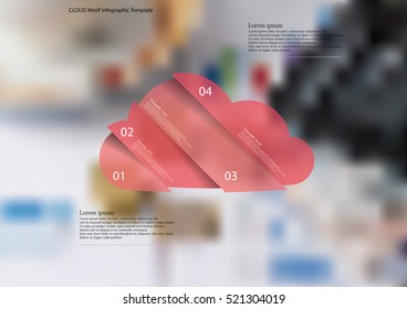 Illustration infographic template with cloud motif, askew divided to four red pieces. Each item contains number and text. Background is created by blurred photo with financial motif.