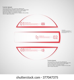 Illustration infographic template consists of three red parts created from outlines. Separate parts create a shape of circle and consist of number, sign and space for text. Background is light.