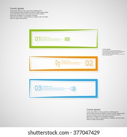 Illustration infographic template consists of three color parts created from outlines. Separate parts create a shape of rectangle and consist of number, sign and space for text. Background is light.