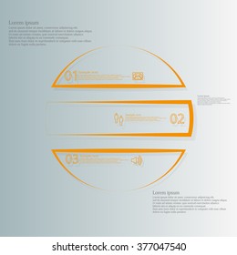 Illustration infographic template consists of three orange parts created from outlines. Separate parts create a shape of circle and consist of number, sign and space for text. Background is light blue