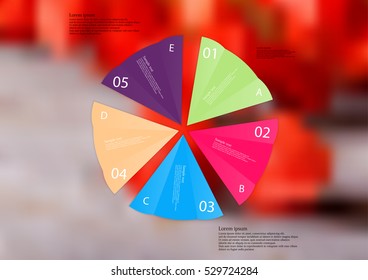 Illustration infographic template. Five folded paper sheets with various colors with sample text, simple sign and number. Motif is placed on blurred photo of red physalis flowers.