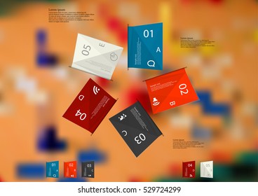 Illustration infographic template. Five folded paper sheets with various colors with sample text, simple sign and number. Motif is placed on blurred photo of ludo game with dices.