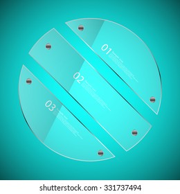 Illustration infographic template with glass circle divided to three parts with unique numbers. Each part is fixed by silver screw. Background is blue.