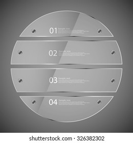 Illustration infographic template with glass ring divided to four parts. Each part has space for own text and two fixing screws. Background is dark grey.