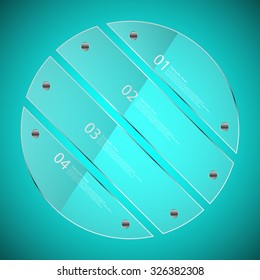 Illustration infographic template with glass ring divided to four parts. Each part has space for own text and two fixing screws. Background is dark blue.