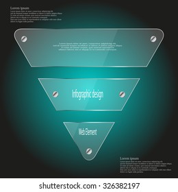 Illustration infographic template with glass triangle divided to three parts. Each part has space for own text and two fixing screws. Background is dark blue.