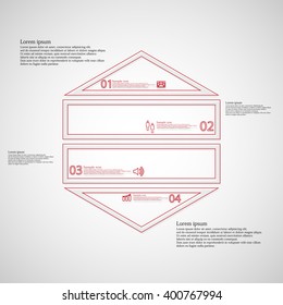 Illustration infographic template with hexagon horizontally divided to four parts created by double outlines from red color. Each part has own number, sign and text. Background is light.