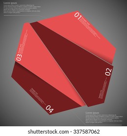 Illustration infographic template with hexagon motif cut on four parts with space for own text and with unique number. Color is red and background is dark.