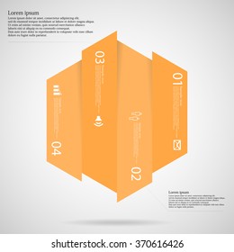Plantilla infográfica de ilustración con forma hexagonal dividida verticalmente en cuatro partes anaranjadas. Cada parte contiene un simple signo, un número único y el texto Lorem Ipsum. El fondo es ligero.
