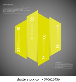 Illustration infographic template with hexagonal shape vertically divided to four yellow green parts. Each part contains simple sign, unique number and Lorem Ipsum text. Background is dark.