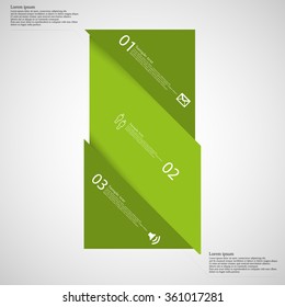 Illustration infographic template with motif of bar with shades of green color askew divided to three parts on light background. Each part has space for text, number or own symbol.