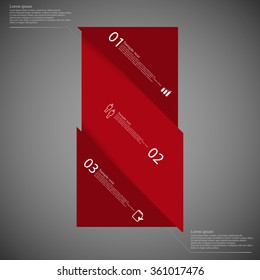 Illustration infographic template with motif of bar with shades of red color askew divided to three parts on dark background. Each part has space for text, number or own symbol.
