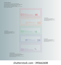 Illustration infographic template with motif of bar horizontally divided to five color parts created by thin double outlines or contours. Each part has simple sign, number and sample text.