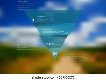 Illustration infographic template with motif of blue triangle horizontally divided to four sections. Blurred photo with natural motif of field and cloudy sky is used as background.