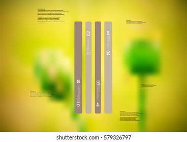 Illustration infographic template with motif of brown bar vertically divided to four long standalone sections. Blurred photo with natural motif of green poppy flowers is used as background.
