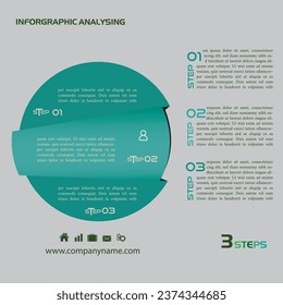 Plantilla de infografía de ilustración con el motivo de círculo dividido verticalmente en tres secciones independientes verdes. Fotografía borrosa con motivos financieros con gráficos, monedas y calculadora se utiliza como fondo