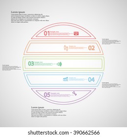 Illustration infographic template with motif of circle horizontally divided to five color parts created by thin double outlines or contours. Each part has simple sign, number and sample text.