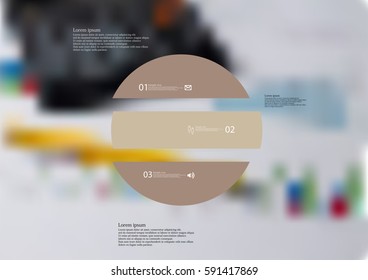 Illustration infographic template with motif of circle horizontally divided to three brown standalone sections. Blurred photo with financial motif with charts and calculator is used as background.