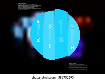Illustration infographic template with motif of circle vertically divided to four blue standalone sections. Blurred photo with colorful game dices motif on black board is used as background.