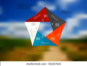 Illustration infographic template with motif of color origami pentagon consists of five sections with simple signs. Blurred photo with natural motif with path between fields is used as background.