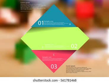 Illustration infographic template with motif of color rhombus horizontally divided to three sections with simple signs. Blurred photo with financial motif with coins and money is used as background.
