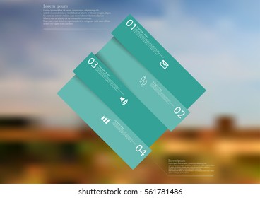 Illustration infographic template with motif of color rectangle askew divided to four sections with simple signs. Blurred photo with natural motif with field and sky is used as background.