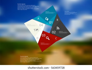 Illustration infographic template with motif of color rectangle square origami consists of four parts with sample text and simple sign. Blurred photo with natural motif is used as background.