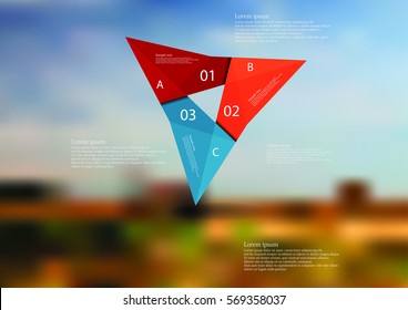 Illustration infographic template with motif of color origami triangle consists of three color folded sections. Blurred photo with natural motif with field and cloudy sky is used as background.