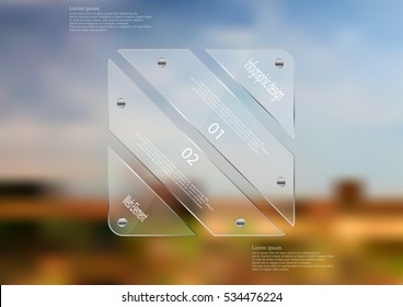 Illustration infographic template with motif of glass rectangle askew divided to four sections. Blurred photo with natural motif is used as background blue cloudy sky and field.
