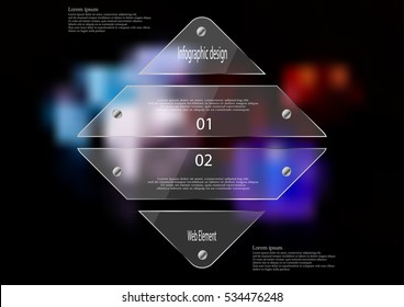 Illustration infographic template with motif of glass rhombus horizontally divided to four sections. Blurred photo with color motif is used as background several game dice on black board.