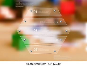 Illustration infographic template with motif of glass hexagon horizontally divided to five sections. Blurred photo with financial motif is used as background with coins, money or green house.