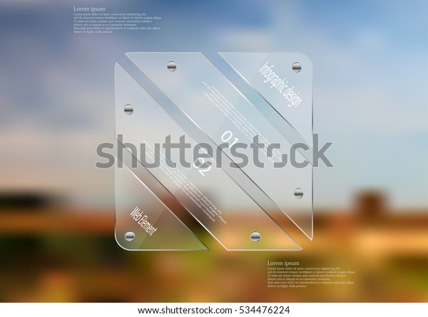 Illustration\
infographic template with motif of glass rectangle askew divided to\
four sections. Blurred photo with natural motif is used as\
background blue cloudy sky and\
field.