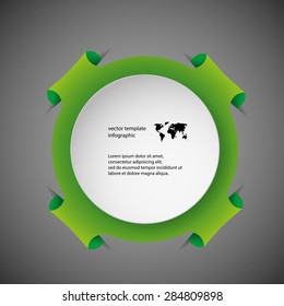 Illustration infographic template with motif of green ring with four folded extra parts which are inserted into pockets in dark background. On the green part is white paper rounded piece with space