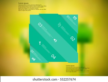 Illustration infographic template with motif of green rectangle askew divided to five sections with simple signs. Blurred photo with natural motif with couple of poppy blooms is used as background.