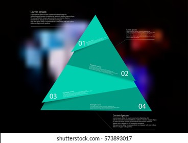 Illustration infographic template with motif of green triangle randomly divided to four sections. Blurred photo with several colorful dices on black color is used as background.