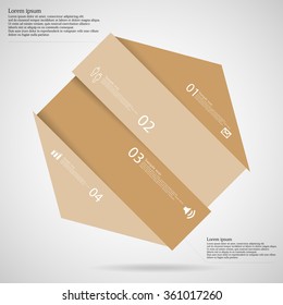 Illustration infographic template with motif of hexagon with shades of brown color askew divided to four parts on light background. Each part has space for text, number or own symbol.