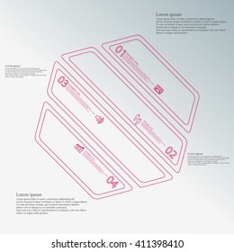 Illustration infographic template with motif of hexagon which is askew divided to four red parts created by double contour outlines. Each item contains number, text and simple sign. Background is blue
