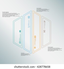 Illustration infographic template with motif of hexagon. Hexagon divided to four color parts. Each part created by double outline contour. Each part contains number, text and simple sign.