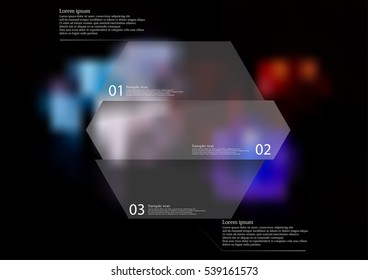 Illustration infographic template with motif of hexagon horizontally divided to three color sections. Blurred photo with color dices  is used as background.