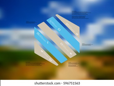 Illustration infographic template with motif of hexagon askew divided to five blue and grey standalone sections. Blurred photo with natural motif landscape with cloudy sky is used as background.